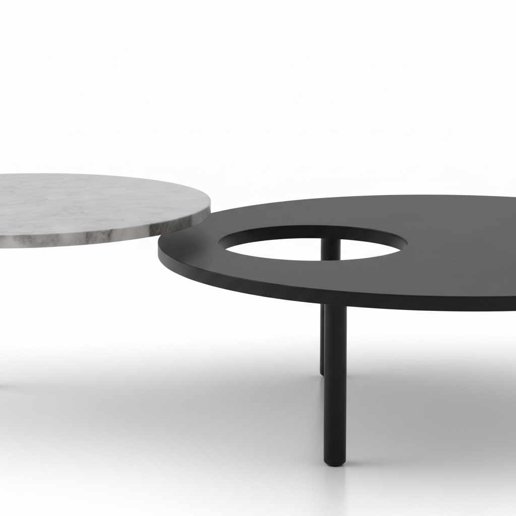 Rensaro End Table on a white background, close-up detail of black and white tabletops with center opening