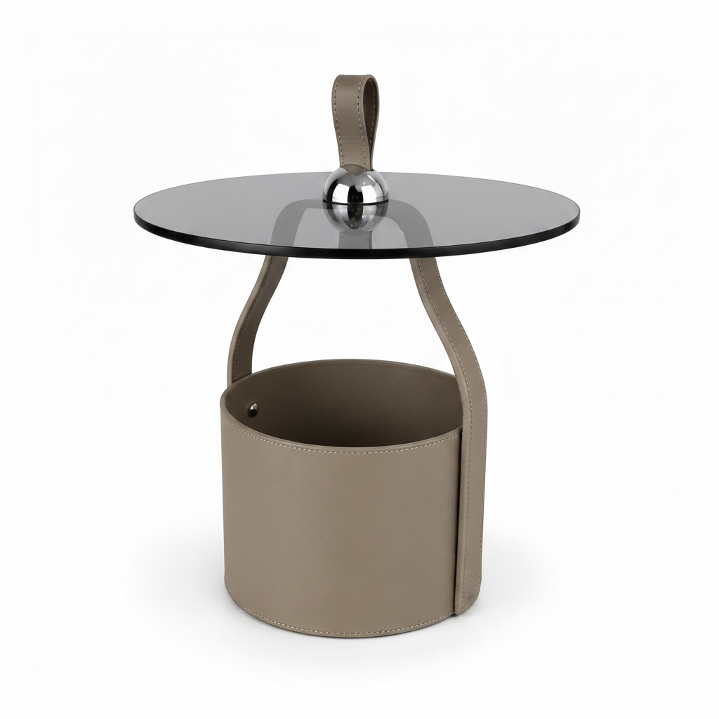 Left-front 45-degree view of the Lorisse End Table with glass top and saddle-leather base
