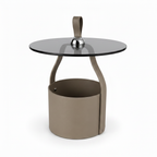 Left-front 45-degree view of the Lorisse End Table with glass top and saddle-leather base