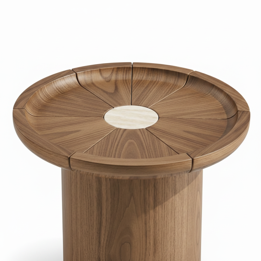 Westvale End Table on a white background, close-up detail of round tabletop, center opening, seams, and wood grain