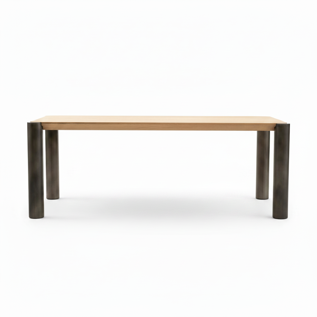 Zaforin Dining Table in light ash wood with stainless steel legs, straight front view