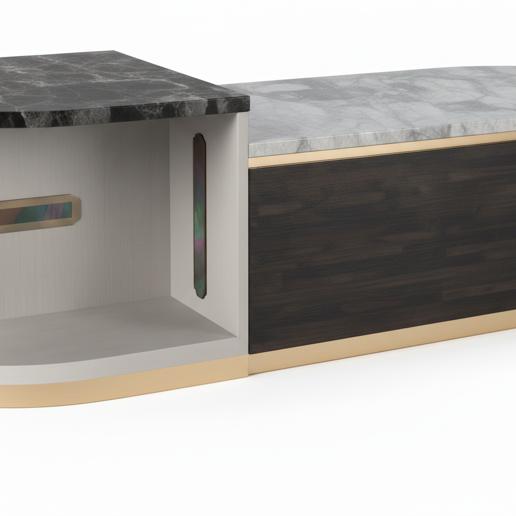 Avenoire Coffee Table leg joint and structural detail in black and white marble with gold trim on a white background