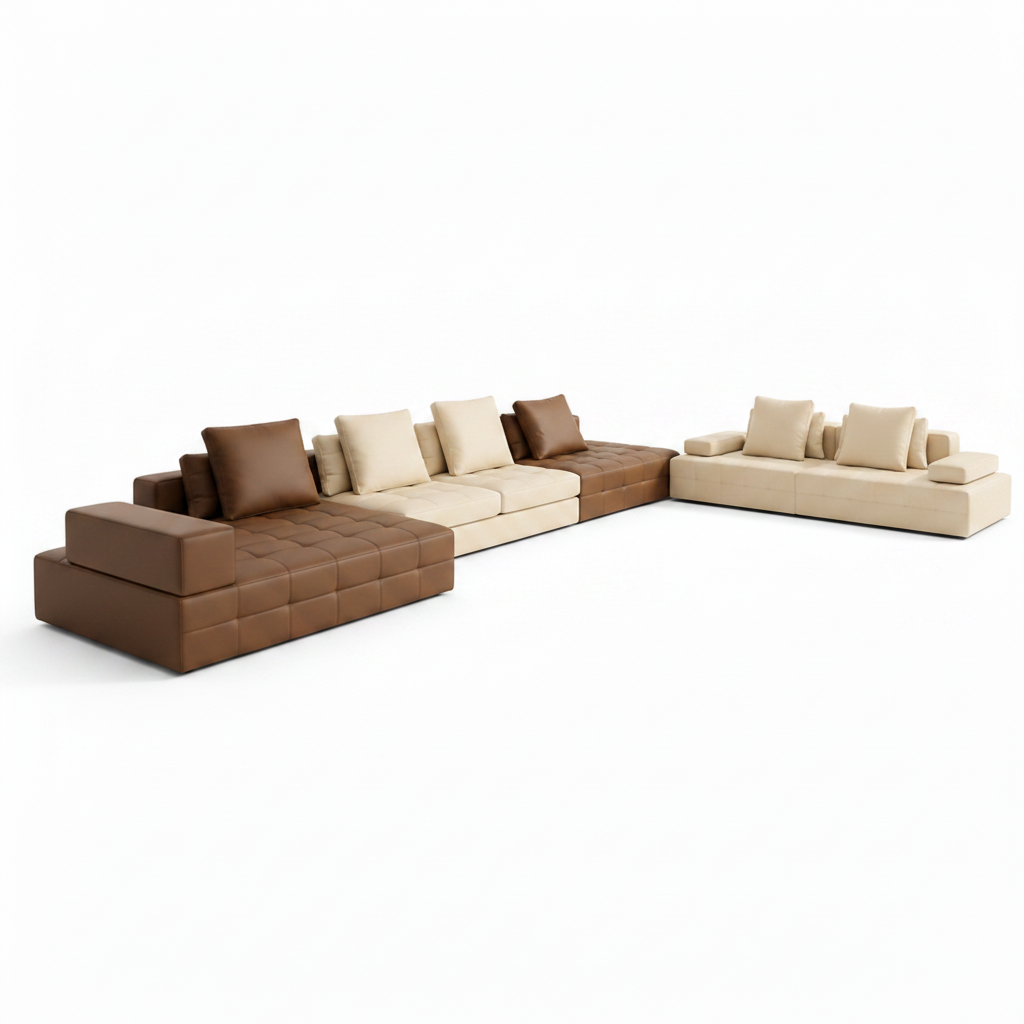 Brenoir Noir Sofa modular sectional sofa, left front angle showing the brown chaise and ivory center seats on white
