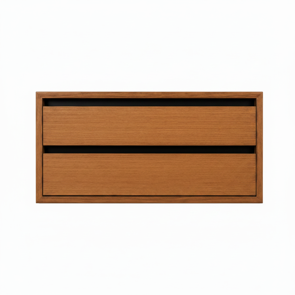 Vascelle Chest in solid wood with two handle-free drawers, straight front view.