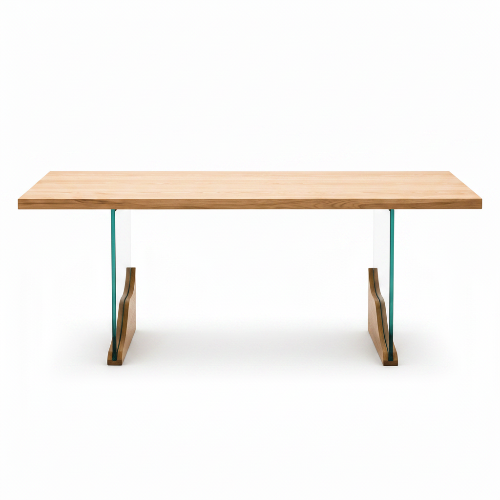 Odrisse Dining Table in elm wood and glass, straight front view on white background