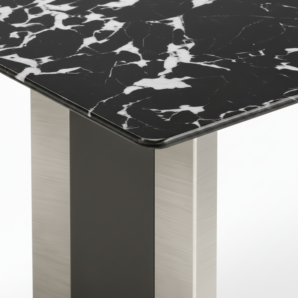 Delyra stone dining table upper metallic pedestal connection detail