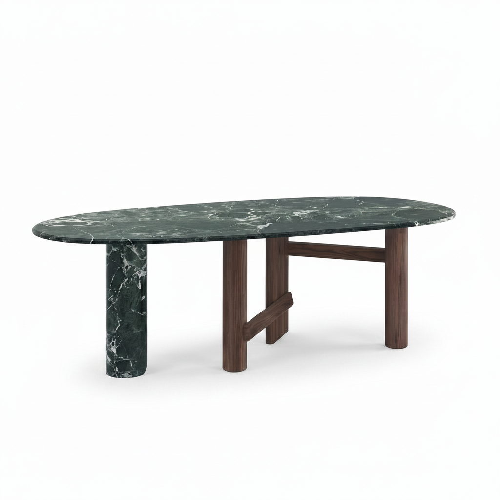 Cortina Marble Dining Table in ash wood and natural marble, front-right 45-degree view on white background