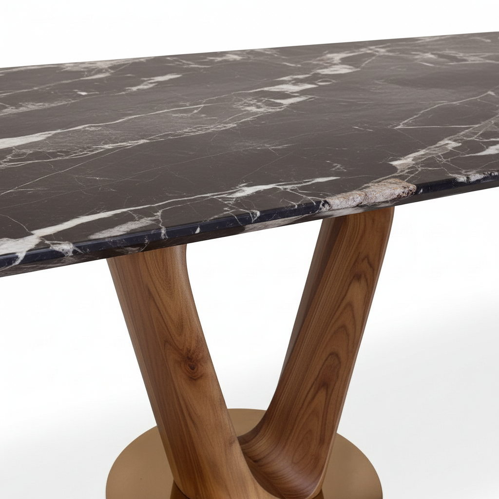 Beaumont Marble Dining Table dark marble tabletop edge and solid ash wood connection detail on a white background