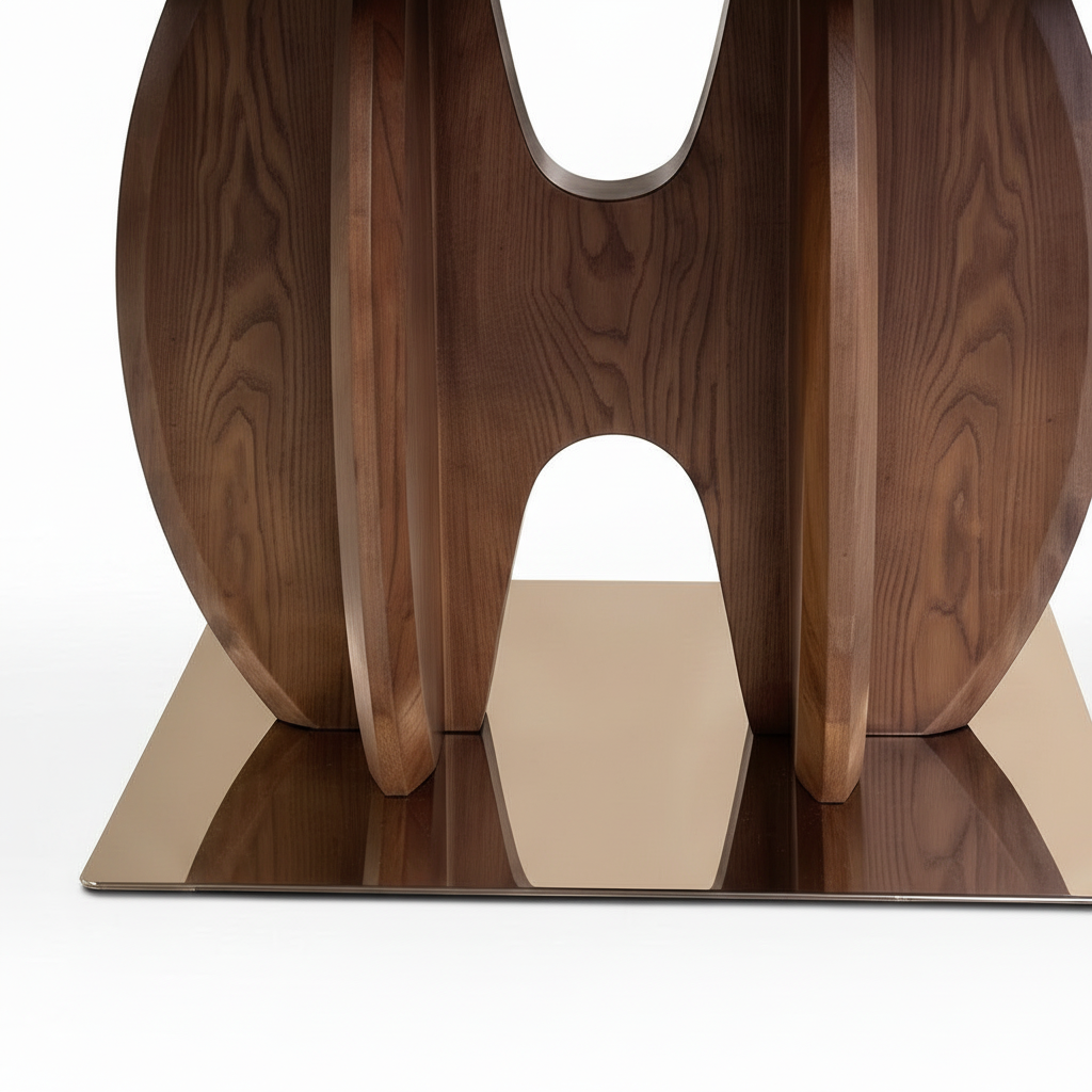 Neroli Marble Dining Table close-up wood base and floor plate detail