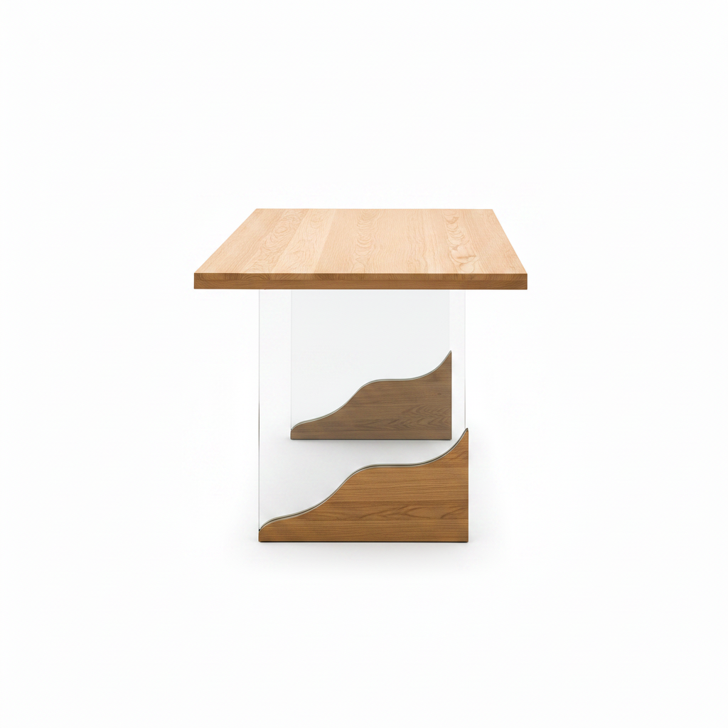 Odrisse Dining Table in elm wood and glass, 90-degree side view on white background