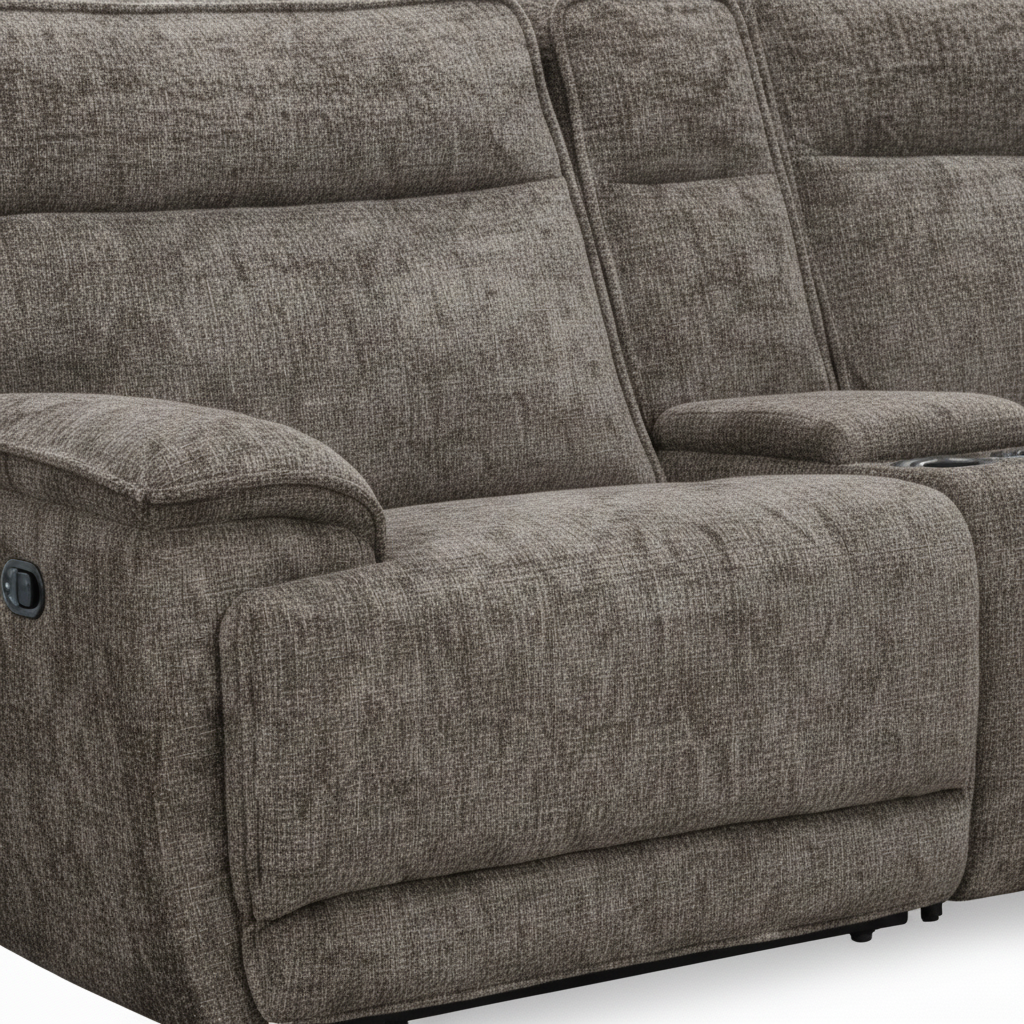 Fontaire Fabric Sectional brown fabric upholstery close-up showing cushion seams, piping, and armrest detail.