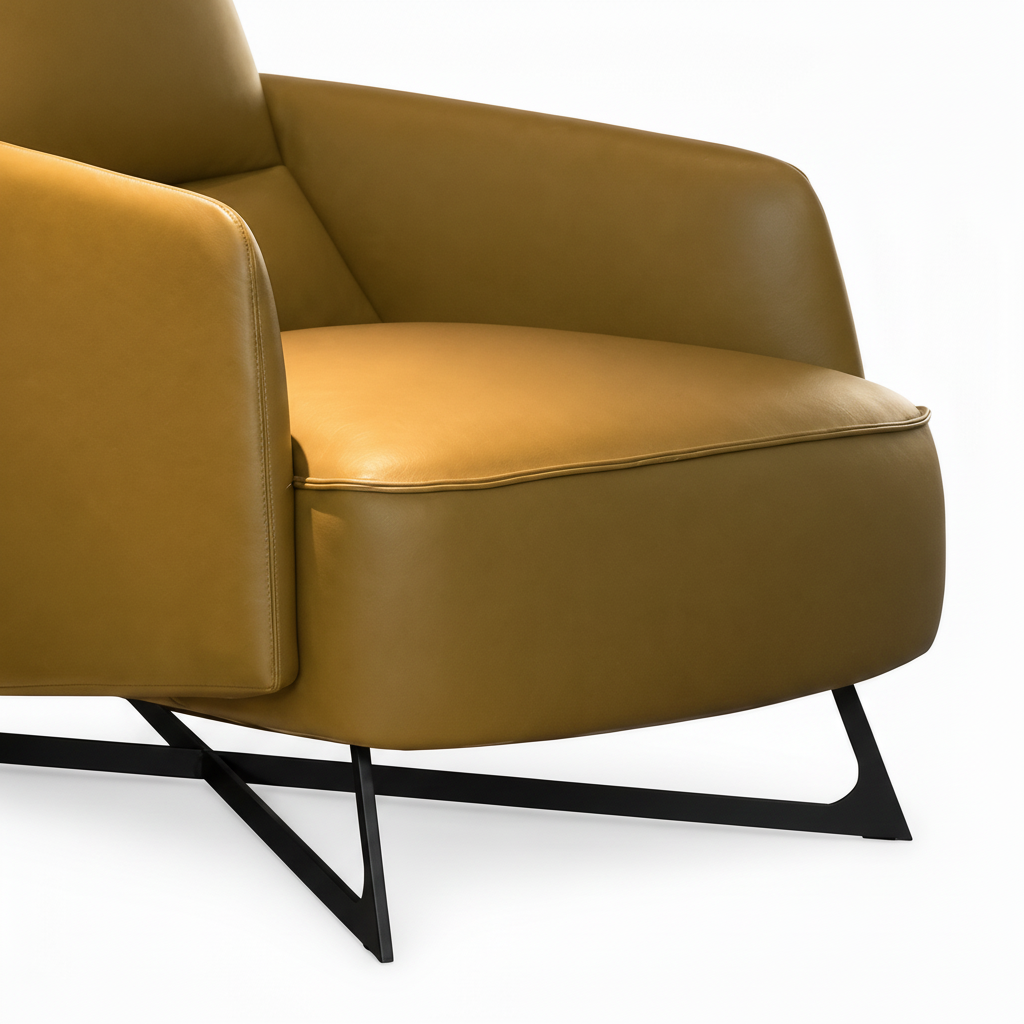 Marvane accent chair top-grain leather piping and angular metal base detail