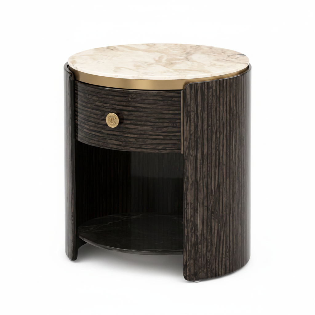 Iveronne End Table in a 45-degree left-front view with marble top and fluted wood body