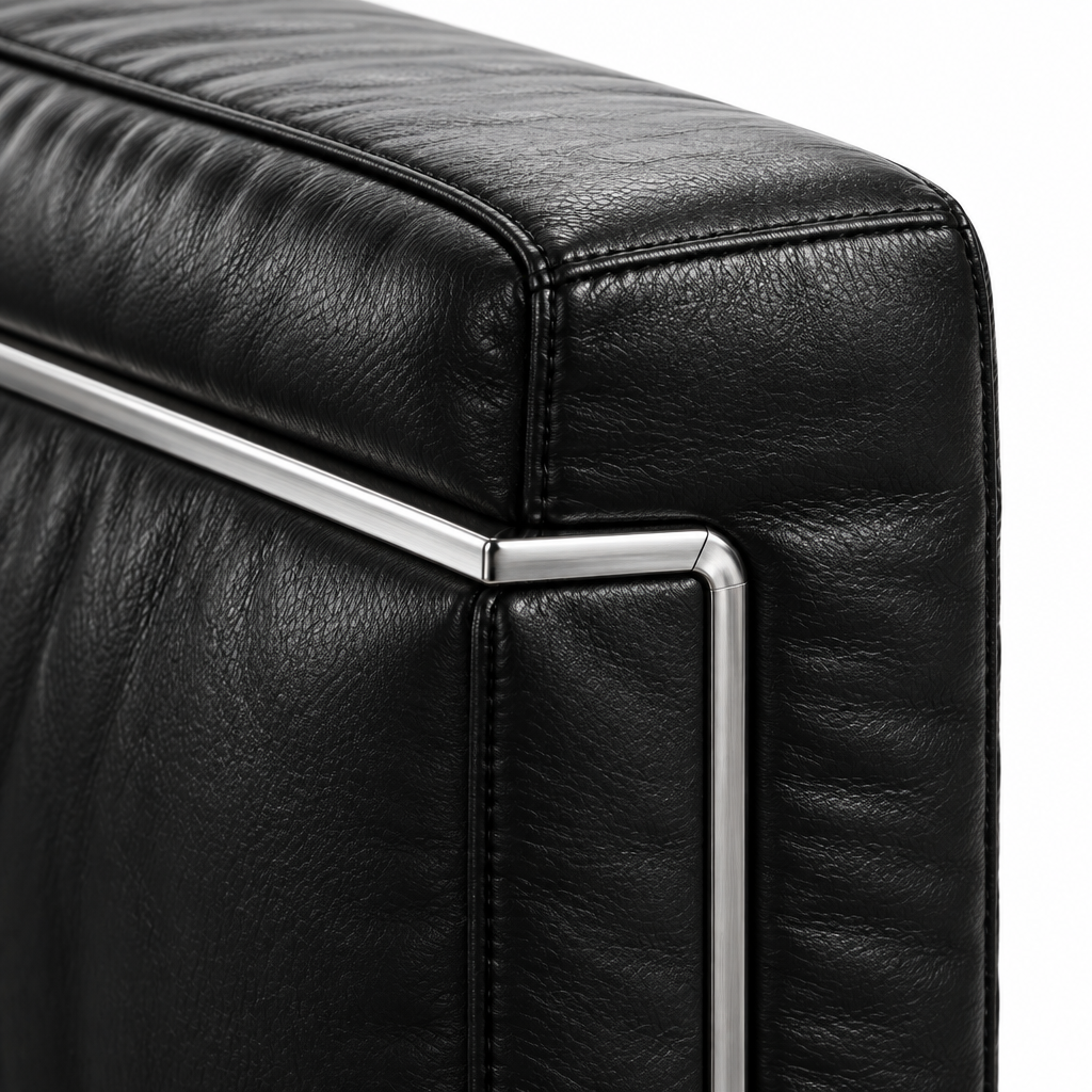 Waverly Leather Sofa chrome trim and leather stitching detail close-up