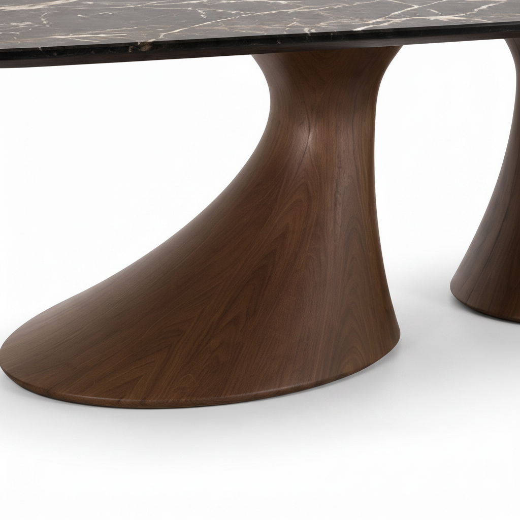 Close-up of Luminara Marble Dining Table solid ash wood pedestal base and tabletop connection