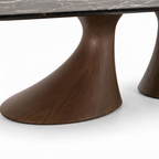 Close-up of Luminara Marble Dining Table solid ash wood pedestal base and tabletop connection