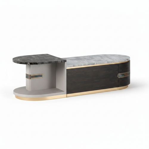 Avenoire Coffee Table in black and white marble with gold trim, 45-degree view on a white background