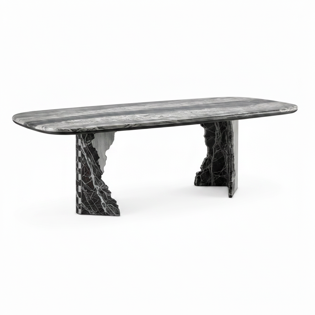Lunessa Dining Table in marble, front-right 45-degree view on white background