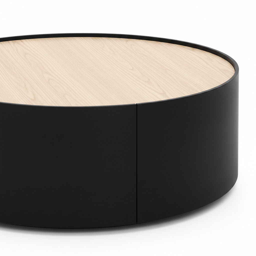 Ceralis Coffee Table black cylindrical base and light wood tabletop connection detail