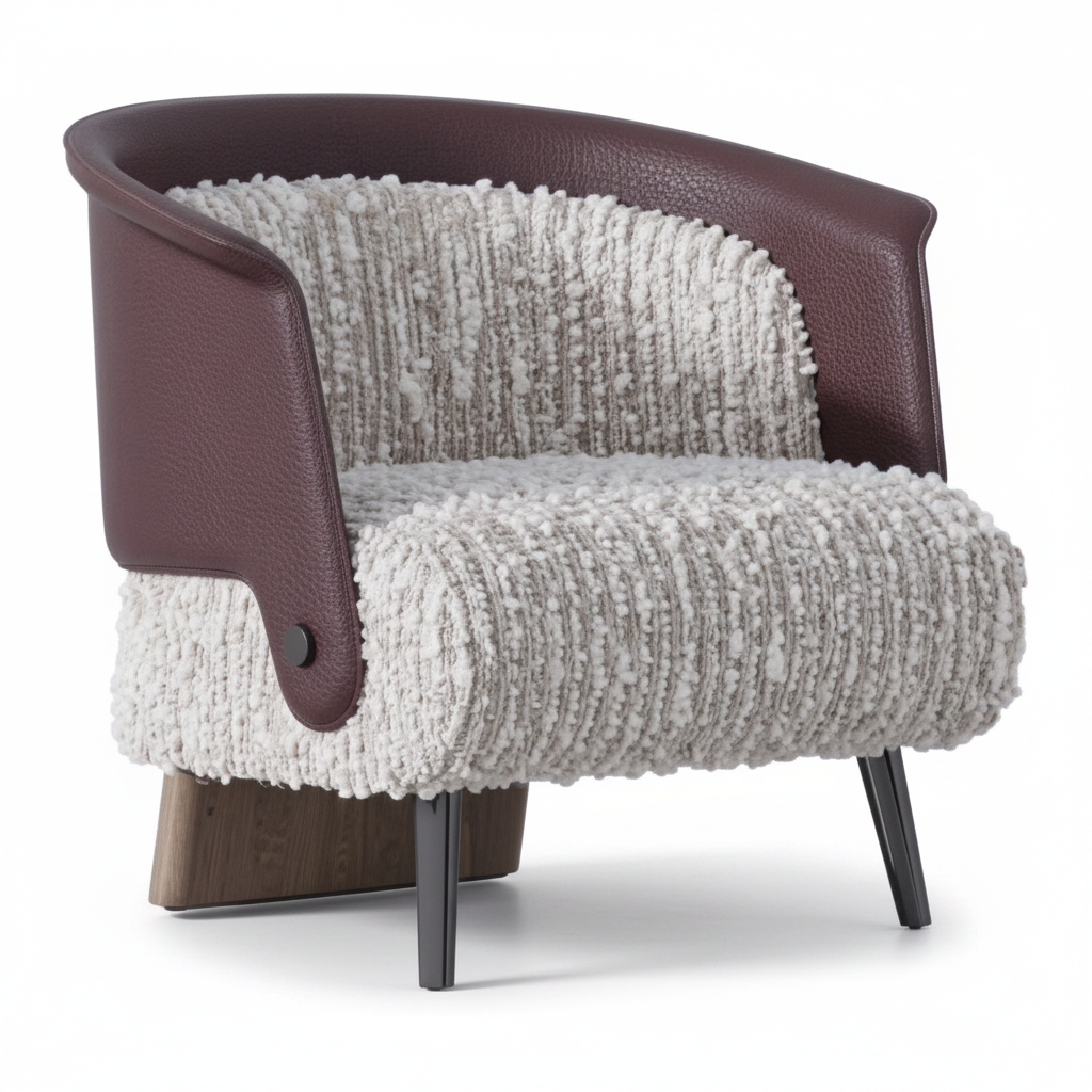 Mavero accent chair in plum brown leather and white boucle, three-quarter view on white background