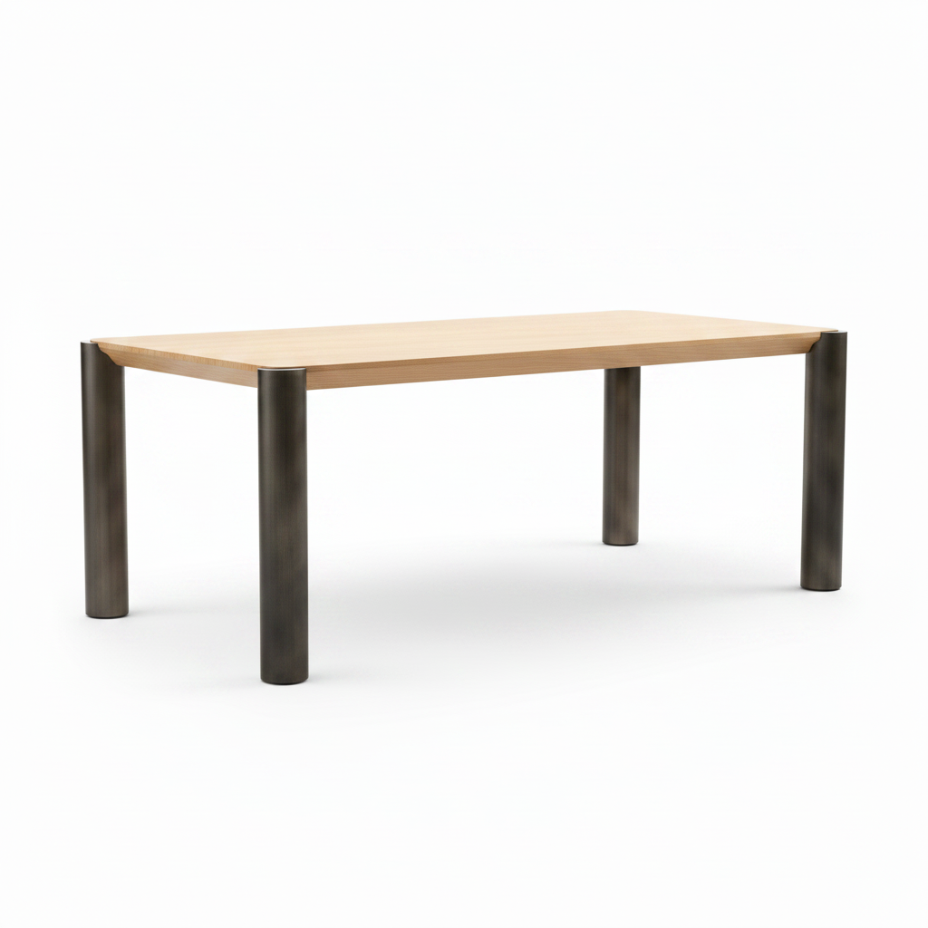 Zaforin Dining Table in light ash wood with stainless steel legs, 45-degree front-right view