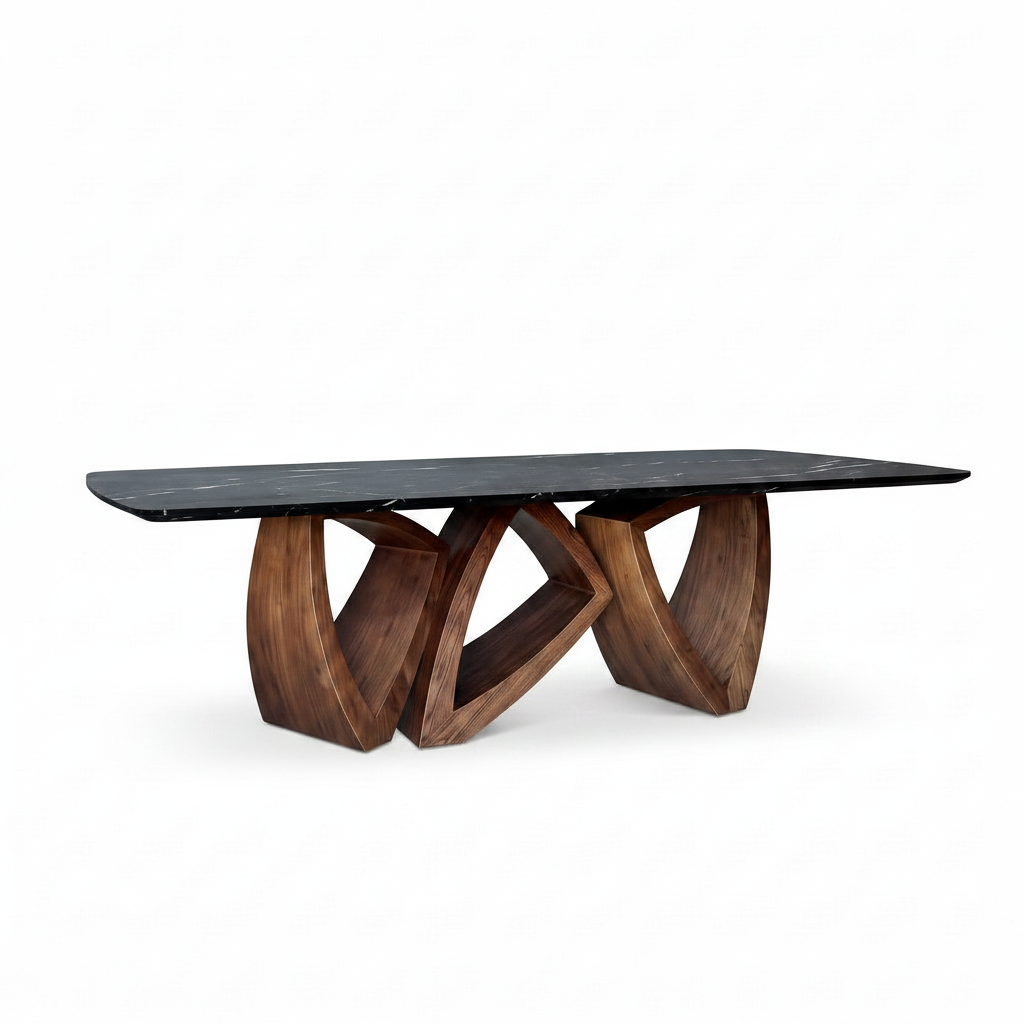 Meridian Marble Dining Table in a 45-degree three-quarter view on a white background