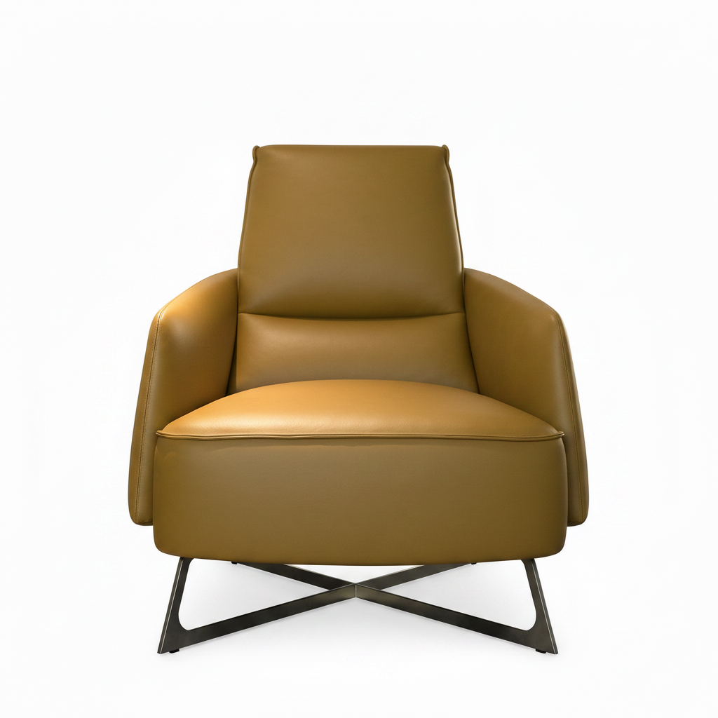 Marvane accent chair in mustard brown leather with broad arms and metal sled base, front view