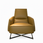Marvane accent chair in mustard brown leather with broad arms and metal sled base, front view
