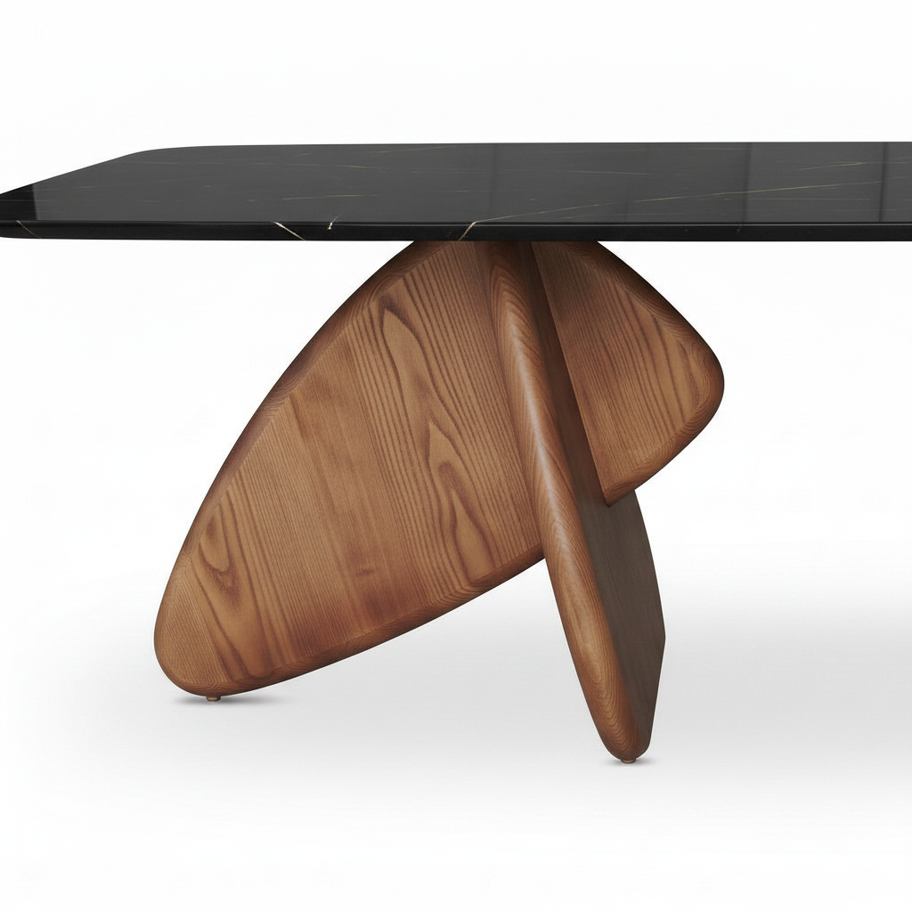 Rosaline Marble Dining Table sculptural ash wood support assembly with curved slab and crossing leg detail