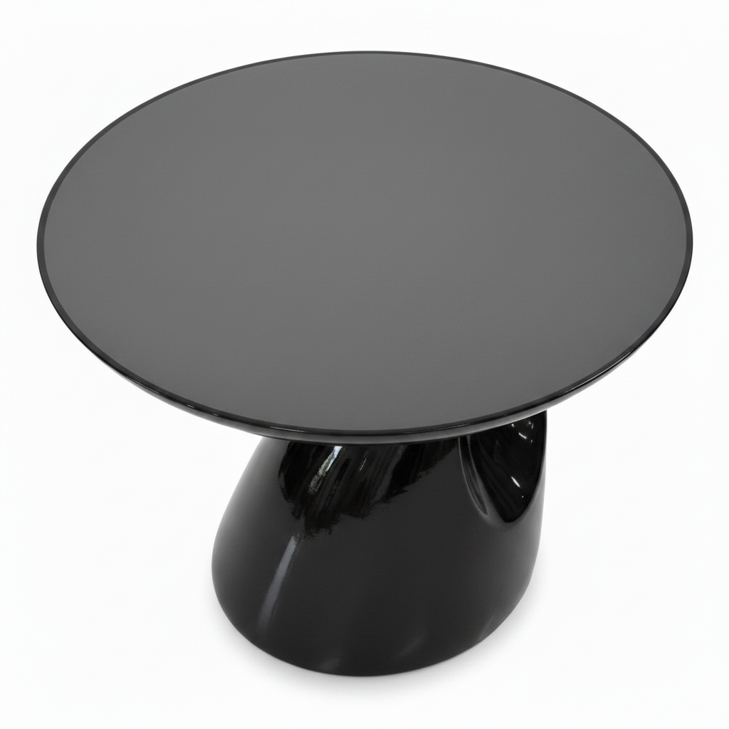 Ismeron Decor overhead view showing the round gray tabletop and glossy black sculptural base beneath.