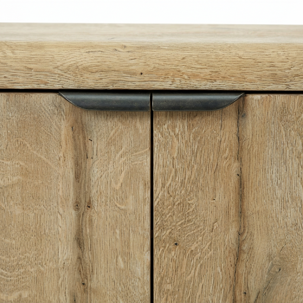 Solenne Arc TV Console dark door handles and natural oak cabinet door detail