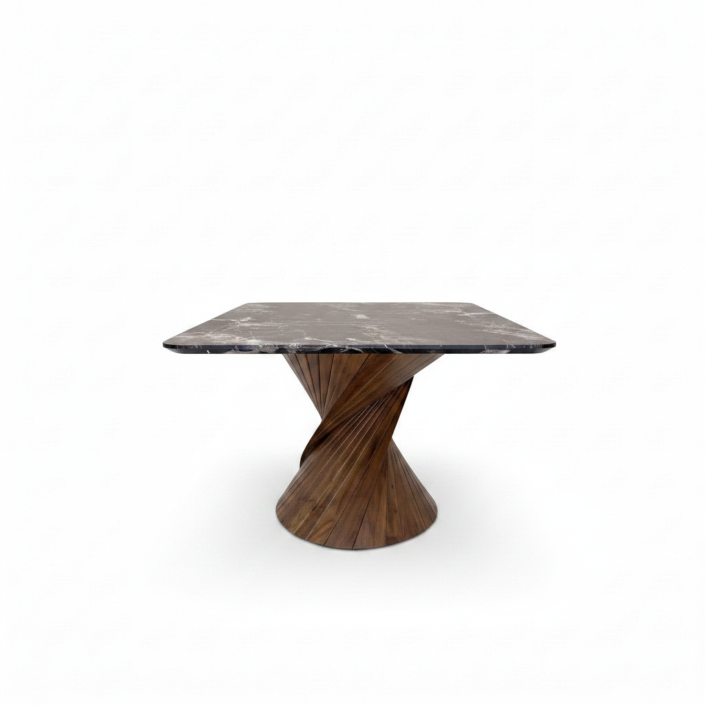 Rivelle Dining Table in solid ash wood and natural marble, true 90-degree side view from the short end on a white background