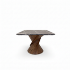 Rivelle Dining Table in solid ash wood and natural marble, true 90-degree side view from the short end on a white background