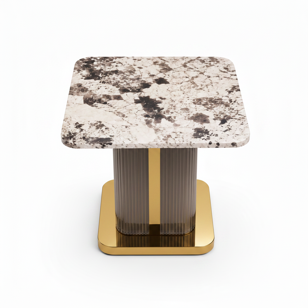 Talmere End Table marbled square top, pedestal, and gold base, bird's-eye view