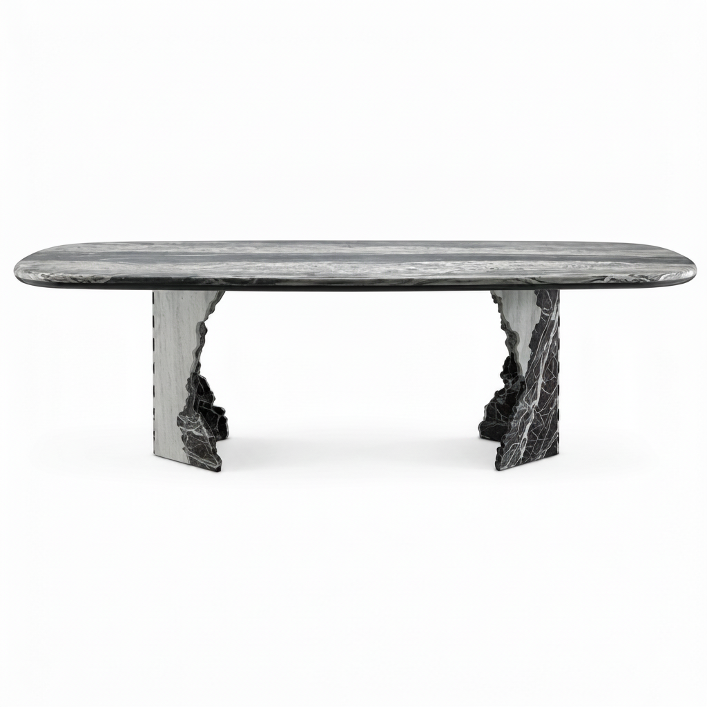Lunessa Dining Table in marble, straight front view on white background