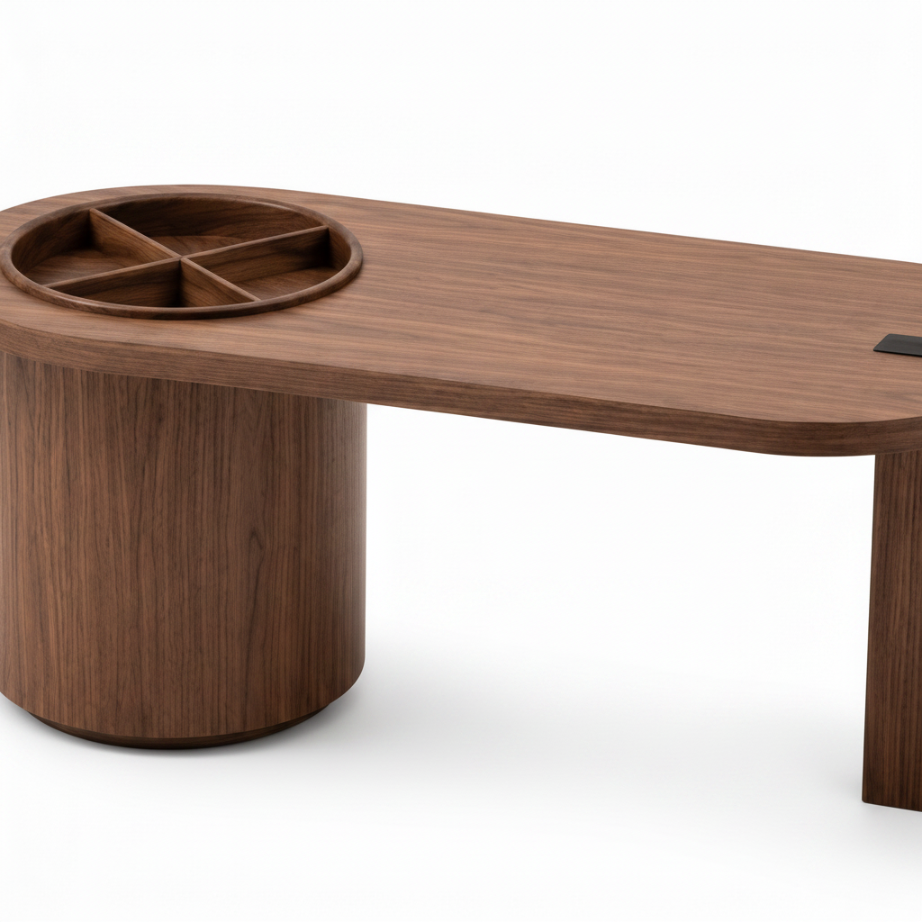 Varnelle Coffee Table walnut surface and round storage tray detail