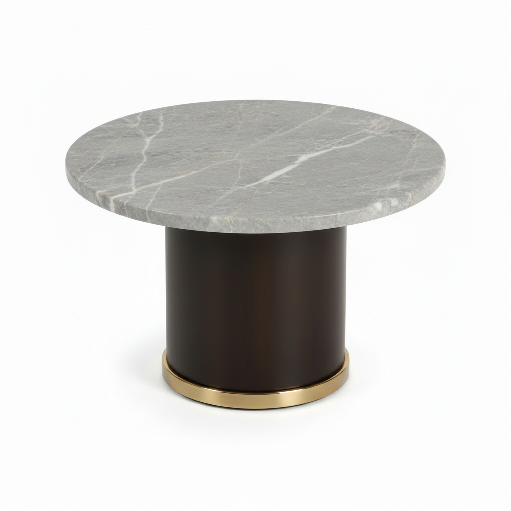 Avenoire End Table 45-degree left-front view with gray marble top and cylindrical pedestal