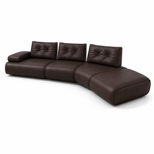 Ovelisse Leather Sofa dark brown curved sectional with chaise, right-front 45-degree view