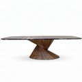 Rivelle Dining Table in solid ash wood and natural marble, straight-on front view on a white background