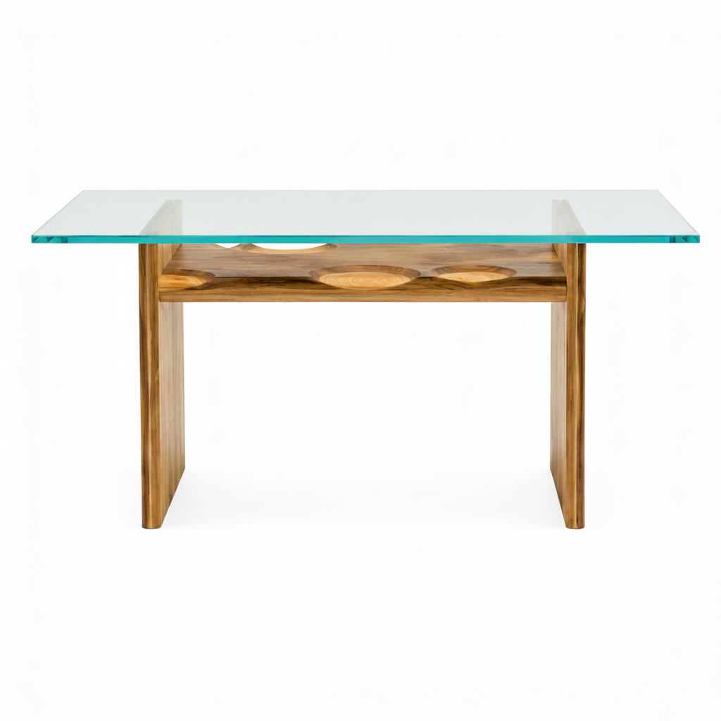Rensaro Dining Table with glass top and wood base, straight front view
