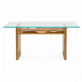 Rensaro Dining Table with glass top and wood base, straight front view