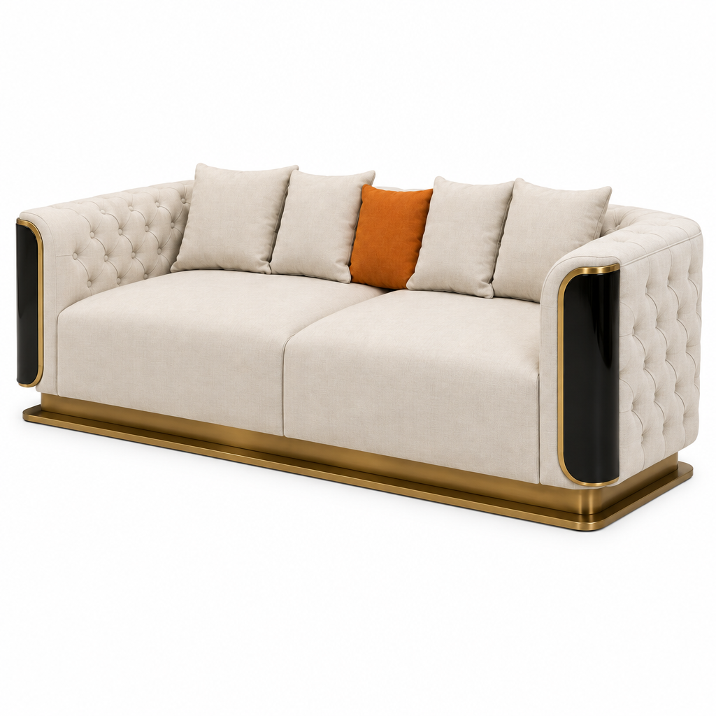 Palisandre Loveseat cream upholstery with gold base, right-front 45-degree view