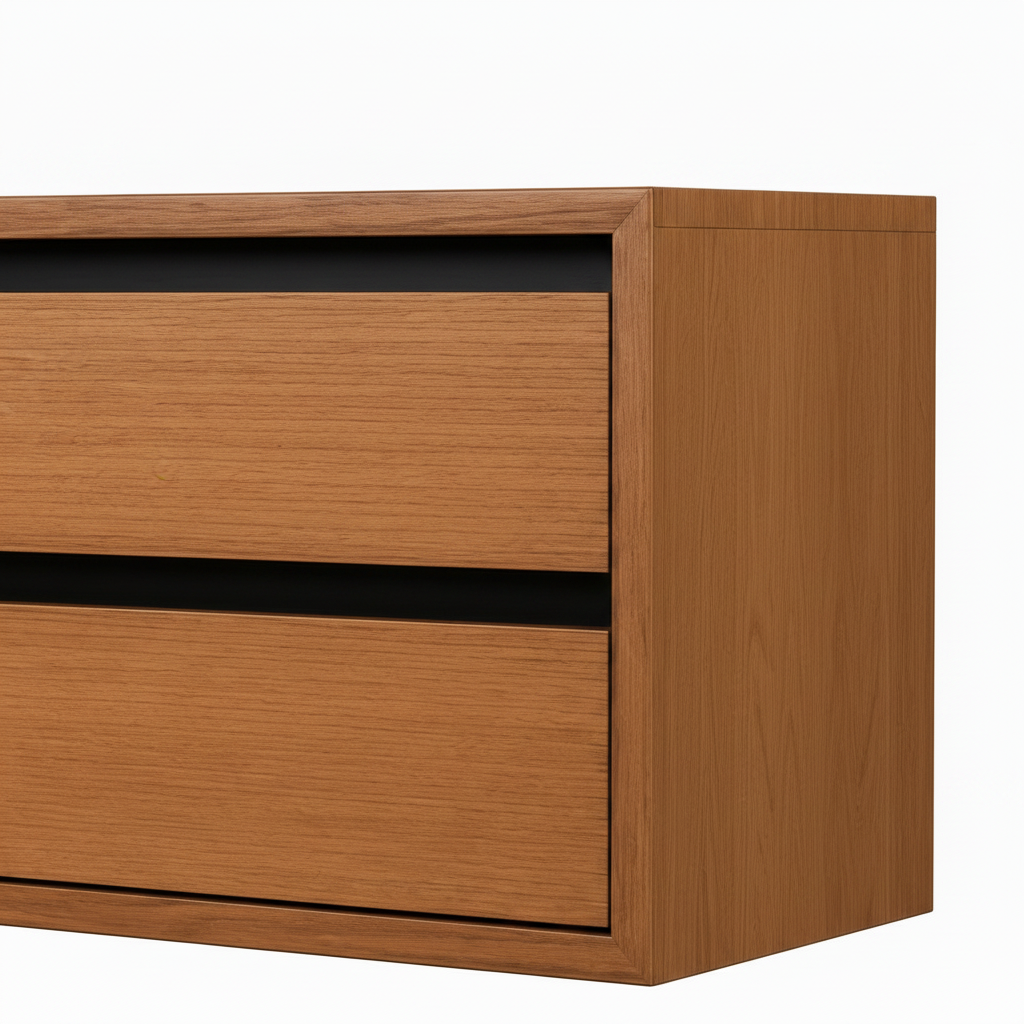 Vascelle Chest solid wood grain close-up showing the drawer reveals and right front corner.