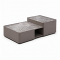 Luscaris Coffee Table with gray marble top and wood veneer base, high-angle view