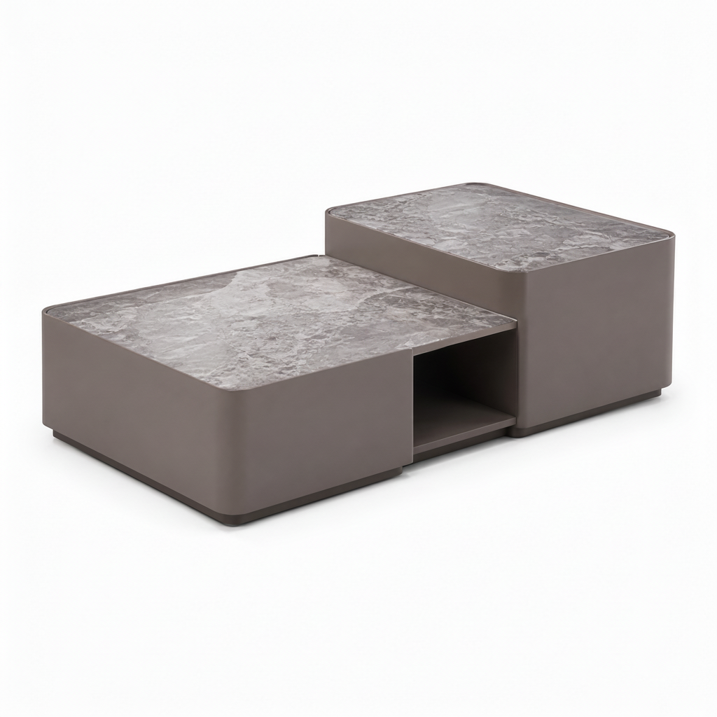 Luscaris Coffee Table with gray marble top and wood veneer base, high-angle view