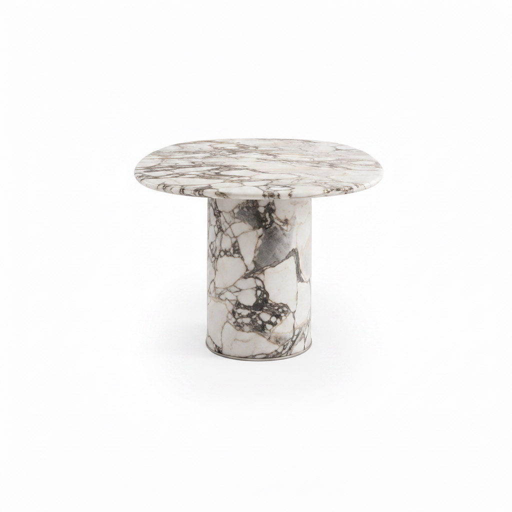 Alveron marble dining table corrected 90-degree end view with solid pedestal side