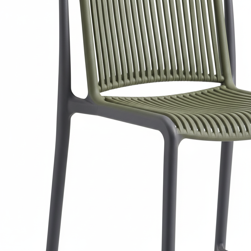 Bravelle Bar Stool seat material, edge construction, leg joinery, and footrest detail on a white background