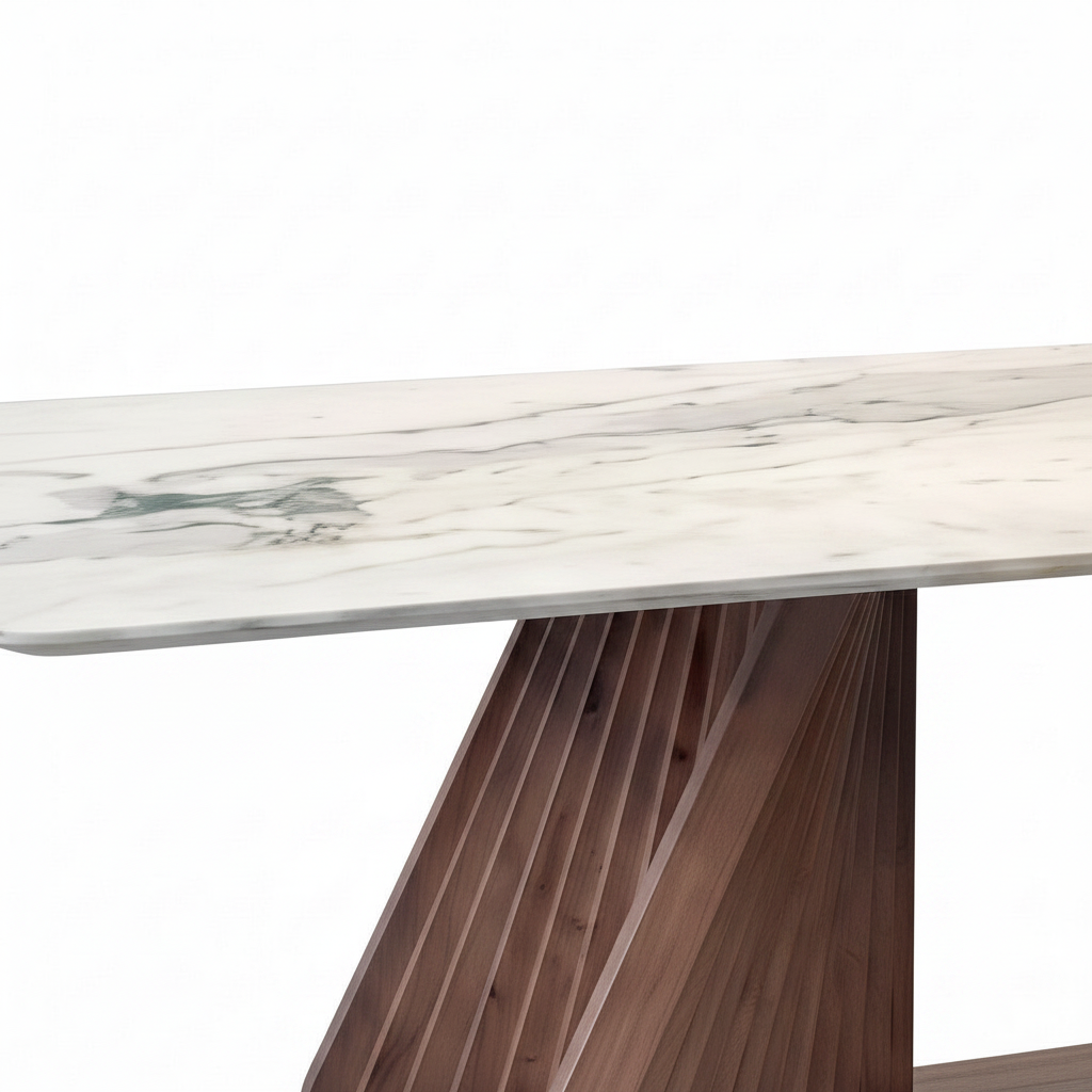Caelina Marble Dining Table marble tabletop edge and ribbed wood base connection detail