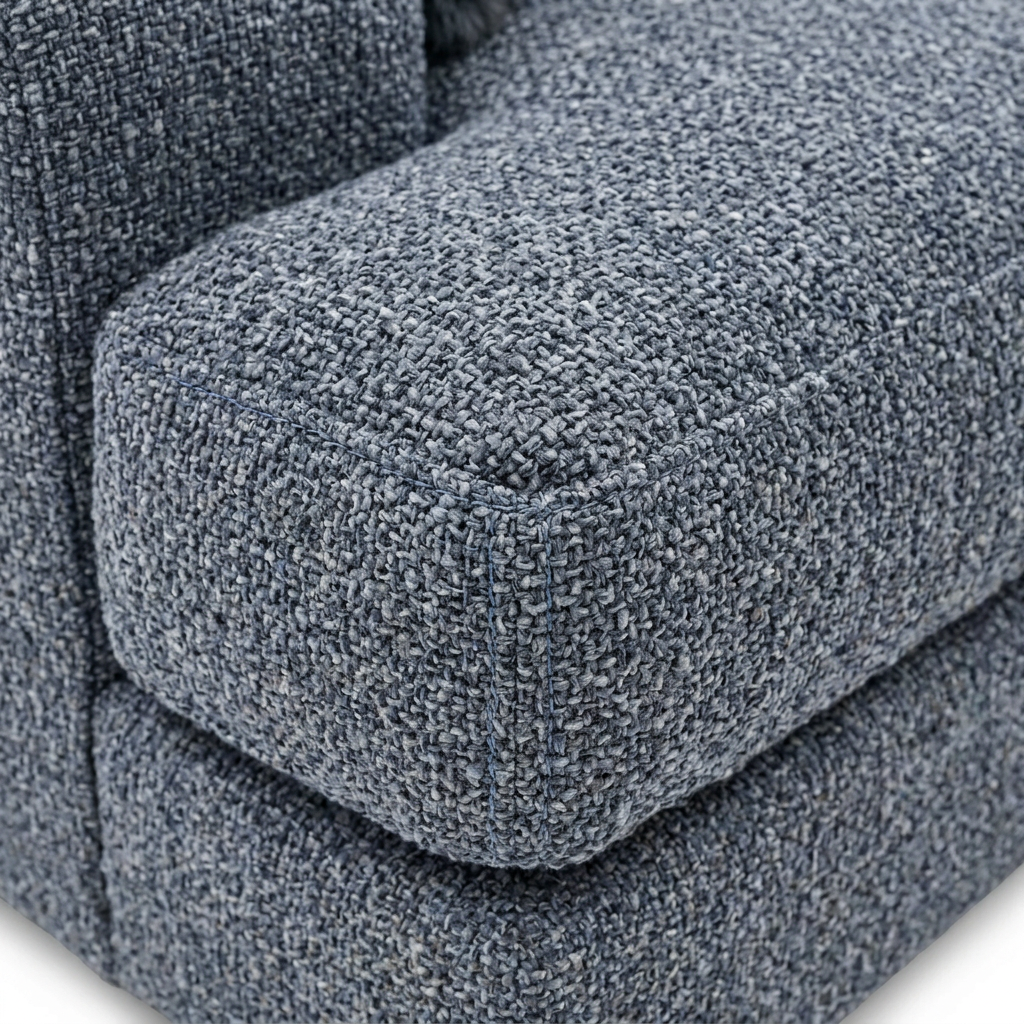 Lapiselle Lapis Sofa blue-grey woven upholstery and seat cushion seam close-up