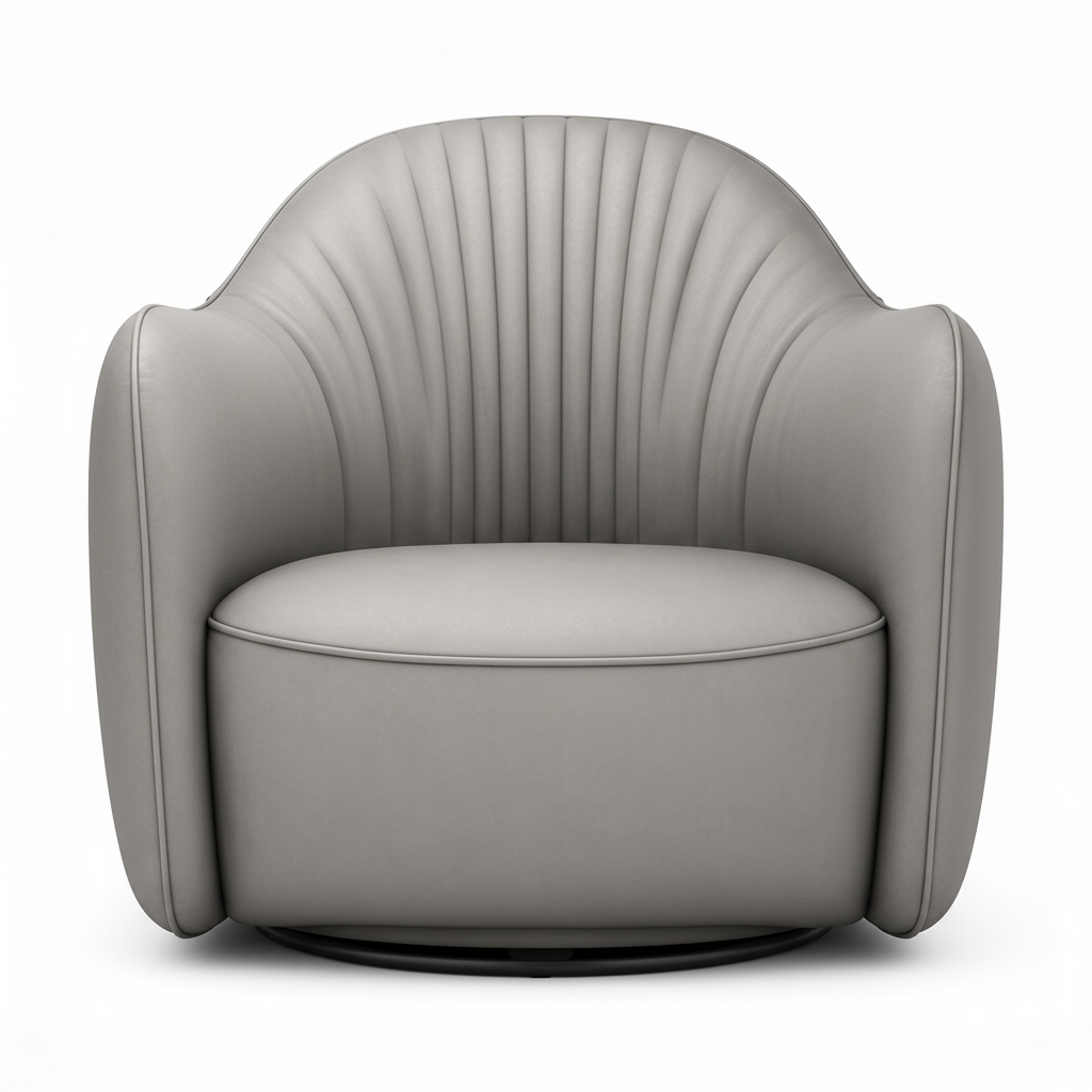 Yveron leather accent chair in light gray beige with fluted back, front view on white background
